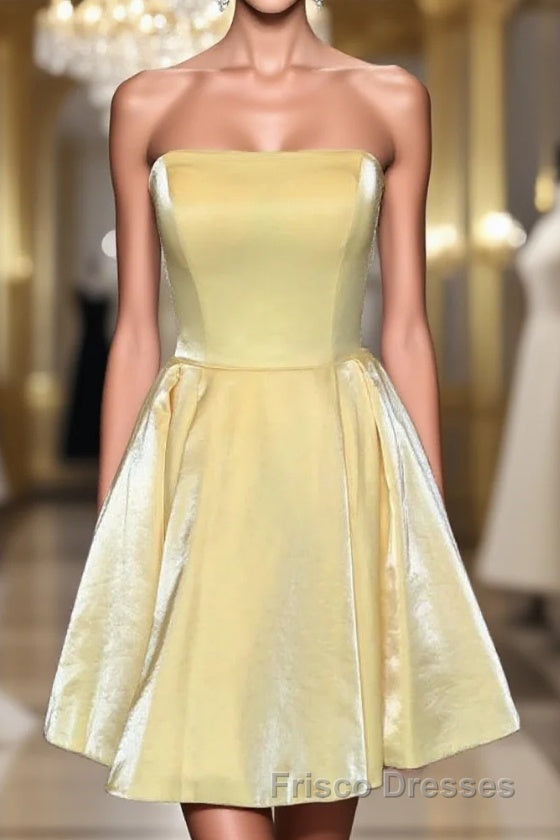 Strapless Lace-Up Yellow Satin Homecoming Dress,Short Cocktail Dress Main image