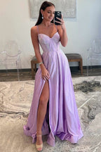 Strapless Lilac Corset A-Line Prom Dress with Rhinestones