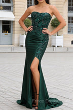 Strapless Mermaid Dark Green Sequin Prom Dress with Slit