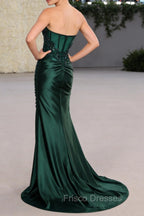 Strapless Mermaid Dark Green Sequin Prom Dress with Slit