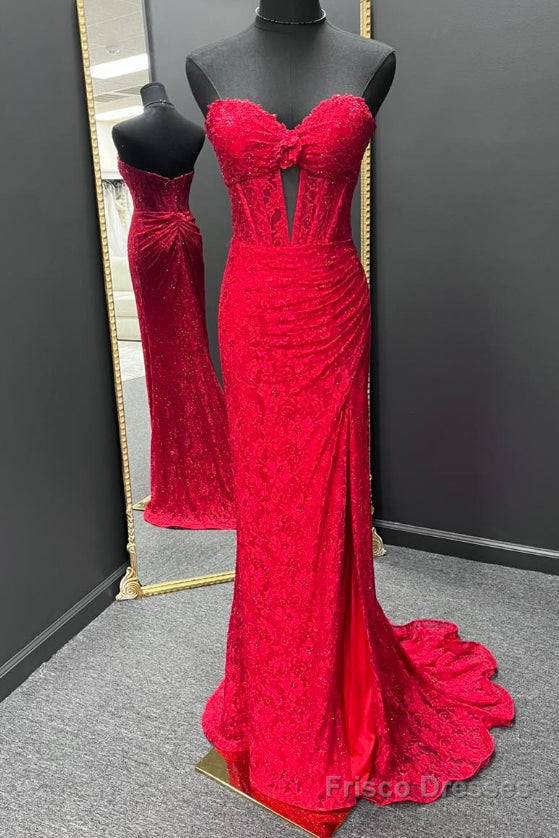 Strapless Mermaid Red Lace Long Prom Dresses Main image