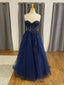 Strapless Navy Blue Beaded Lace Prom Dresses, Navy Blue Lace Formal Evening Dresses