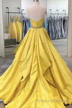 Strapless Open Back Fluffy Yellow Satin Long Formal Prom Dresses, Layered Yellow Formal Evening Dresses
