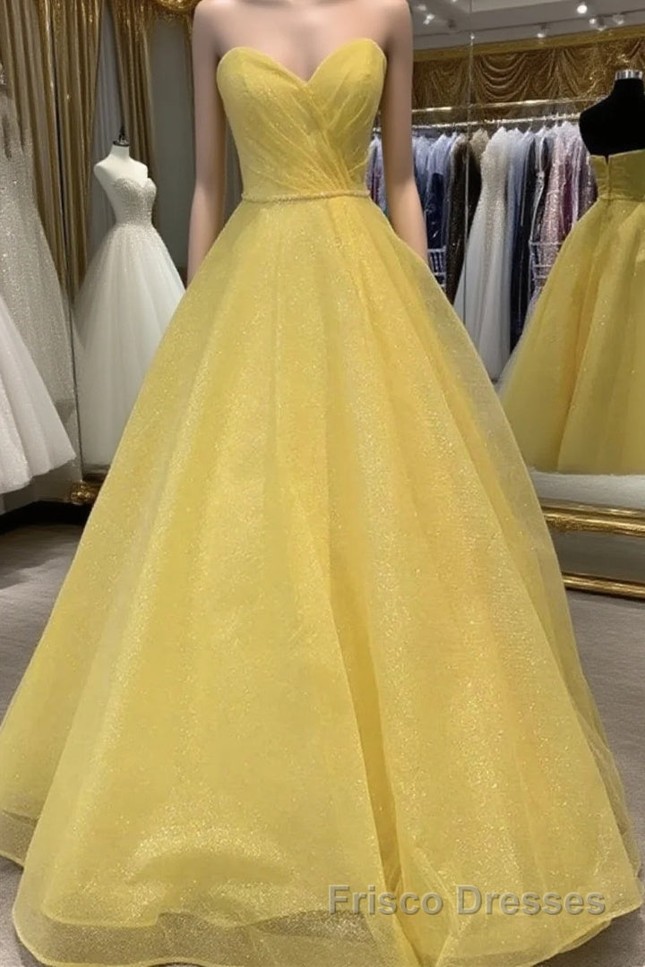 Strapless Open Back Sequins Yellow Formal Prom Dresses, Shiny Yellow Formal Graduation Evening Dresses Main image