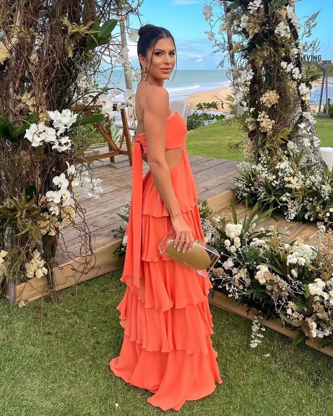 Strapless Orange Layered A Line Long Prom Dress