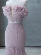 Strapless Pink Chiffon Creased Formal Dress Floor Length Mermaid Formal Prom Dress With Sweep