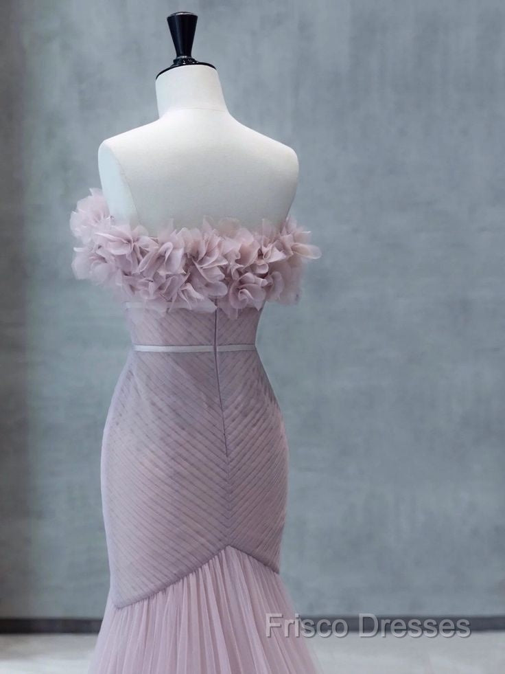 Strapless Pink Chiffon Creased Formal Dress Floor Length Mermaid Formal Prom Dress With Sweep