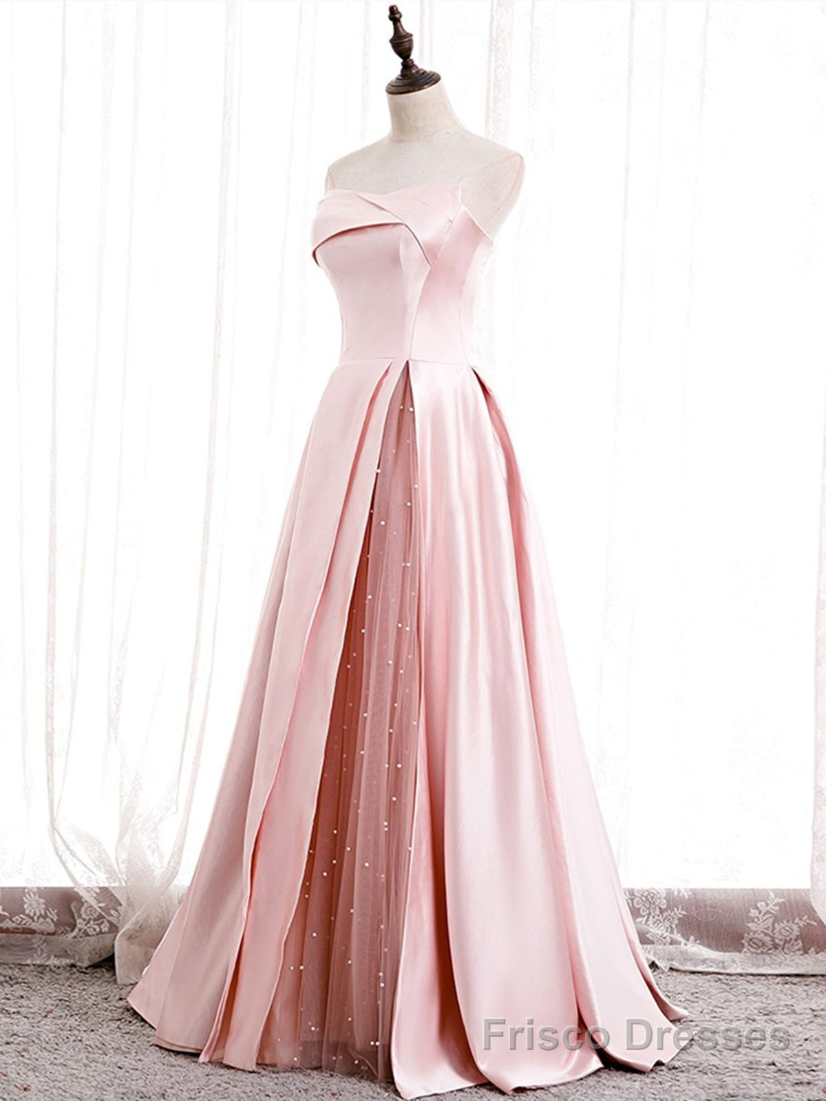Strapless Pink Satin Prom Dresses, Pink Satin Long Formal Evening Dresses Secondary image