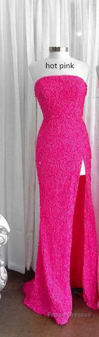 Strapless Pink Sequins Formal Prom Dress with Slit,Sparkly White Night Dress Party Event