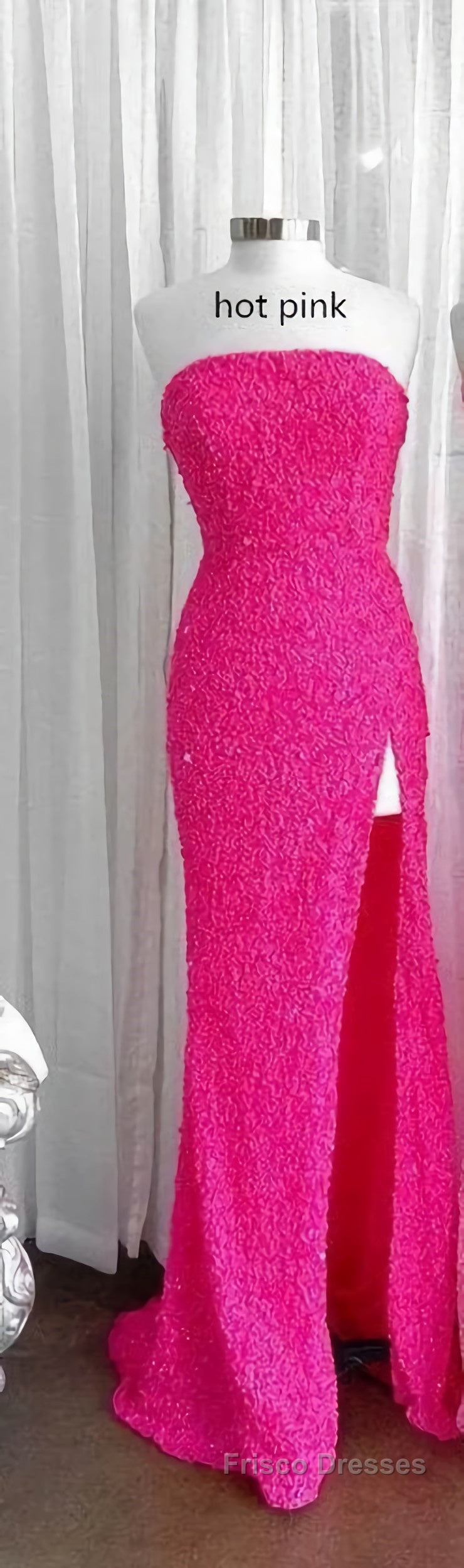 Strapless Pink Sequins Formal Prom Dress with Slit,Sparkly White Night Dress Party Event