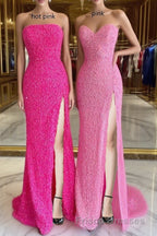 Strapless Pink Sequins Formal Prom Dress with Slit,Sparkly White Night Dress Party Event