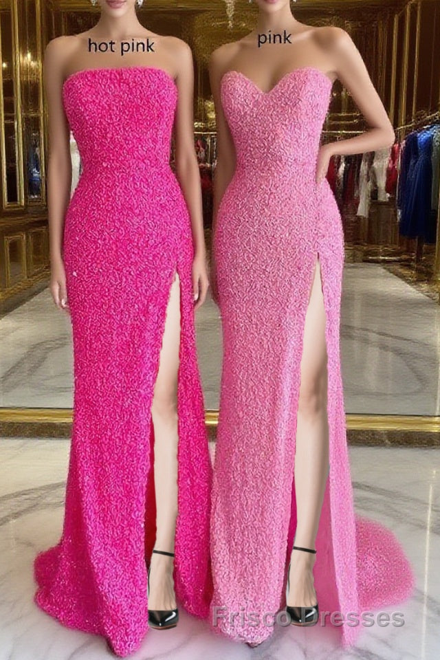 Strapless Pink Sequins Formal Prom Dress with Slit,Sparkly White Night Dress Party Event