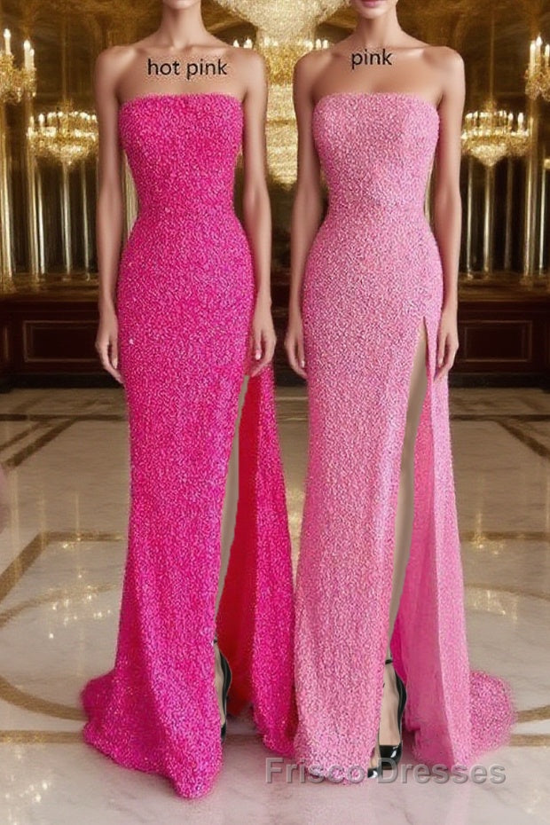 Strapless Pink Sequins Formal Prom Dress with Slit Main image