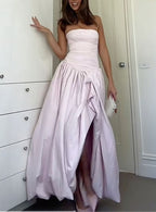 Strapless Pink Split Prom Dresses A-Line Party Formal Dress