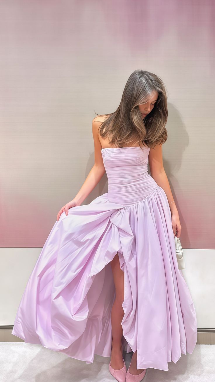 Strapless Pink Split Prom Dresses A-Line Party Formal Dress