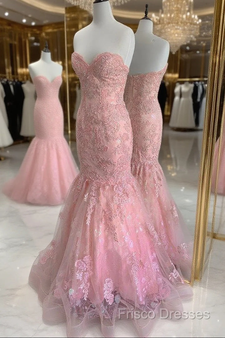 Strapless Pink Tulle Lace Long Mermaid Formal Prom Dress Formal Dress Main image