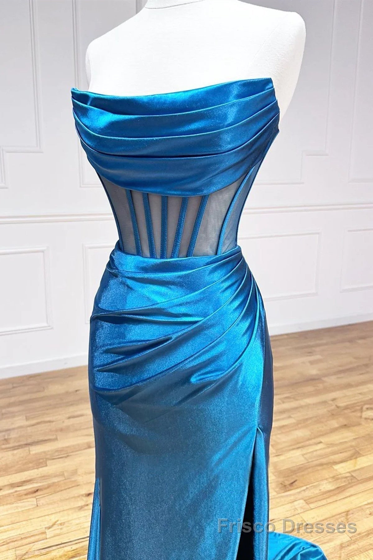 Strapless Pleated Blue Long Prom Dresses, Blue Long Formal Evening Dresses Secondary image