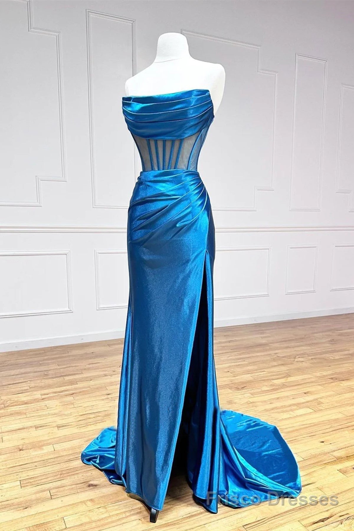Strapless Pleated Blue Long Prom Dresses, Blue Long Formal Evening Dresses Main image