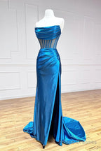 Strapless Pleated Blue Long Prom Dresses, Blue Long Formal Evening Dresses