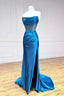 Strapless Pleated Blue Long Prom Dresses, Blue Long Formal Evening Dresses