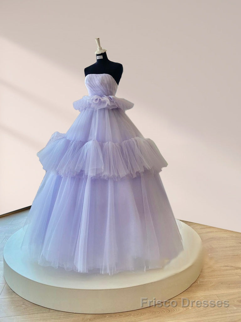 Strapless Pleated Tulle Ball Gown Tiered A Line Prom Dress Floor Length Party Dress Main image