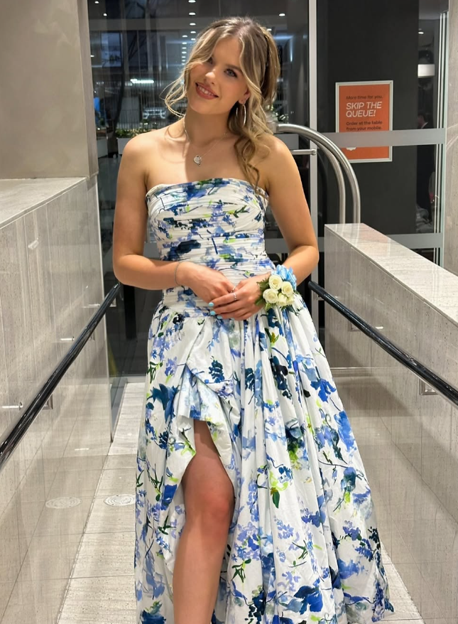 Strapless Print Floral Long Prom Dress Evening Gown