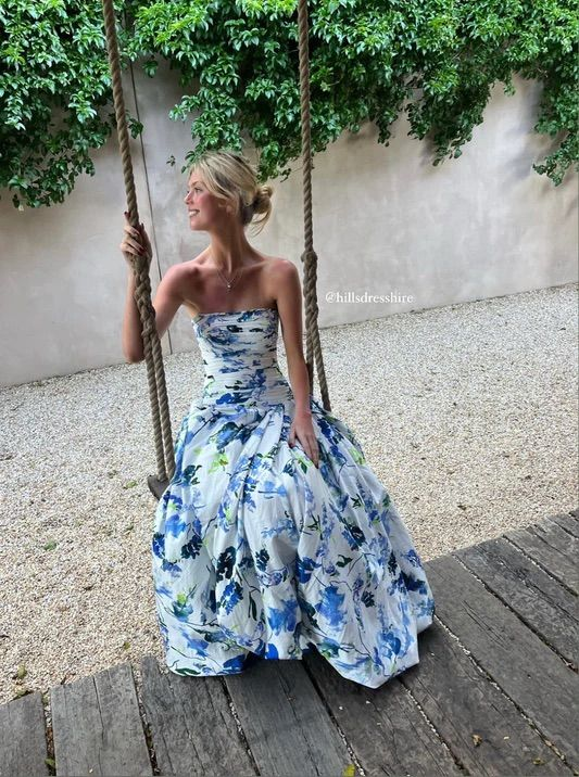 Strapless Print Floral Long Prom Dress Evening Gown Main image