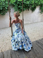 Strapless Print Floral Long Prom Dress Evening Gown