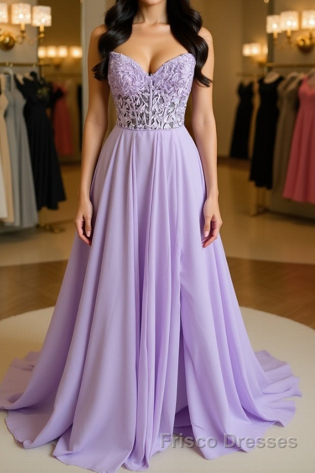Strapless Purple Tulle Lace Long Formal Prom Dresses, Lavender Lace Formal Dresses, Purple Evening Dresses Main image