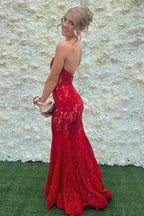 Strapless Red Appliques Mermaid Sleeveless Lace Long Prom Dress