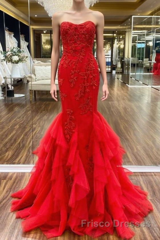 Strapless Red Mermaid Lace Formal Prom Dresses, Red Mermaid Lace Formal Evening Dresses