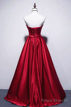 Strapless Red Satin Long Prom Dresses, Dark Red Long Formal Evening Dresses