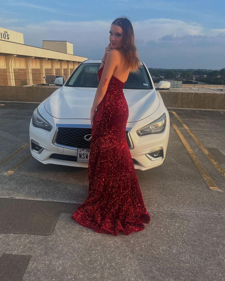 Strapless Red Sequin Formal Dresses Mermaid Sparkly Prom Dress