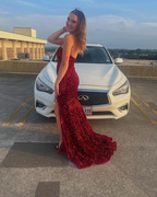 Strapless Red Sequin Formal Dresses Mermaid Sparkly Prom Dress