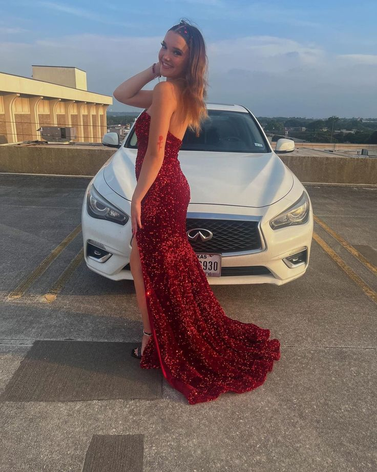 Strapless Red Sequin Formal Dresses Mermaid Sparkly Prom Dress