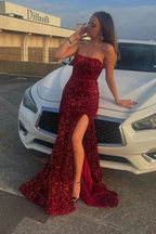 Strapless Red Sequin Formal Dresses Mermaid Sparkly Prom Dress