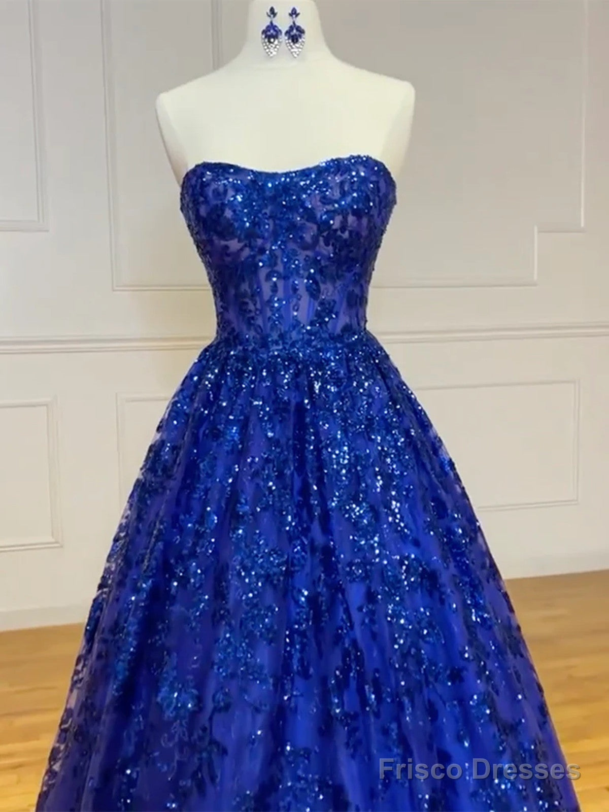 Strapless Royal Blue Lace Long Prom Dresses, Royal Blue Lace Formal Ev