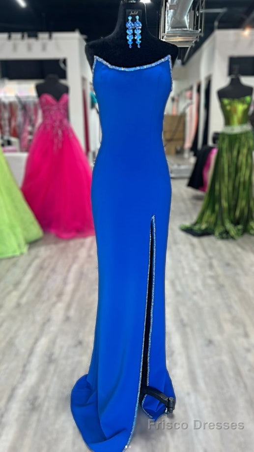 Strapless Royal Blue Long Prom Dress with Beading and Skirt Slit Main image