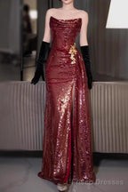 Strapless Sequin Ruched Trained Slit Mermaid Evening Gown