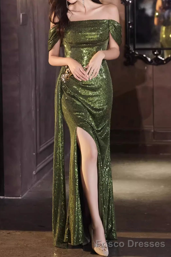 Strapless Sequin Ruched Trained Slit Mermaid Evening Gown