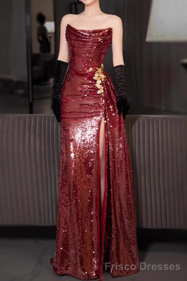 Strapless Sequin Ruched Trained Slit Mermaid Evening Gown Main image