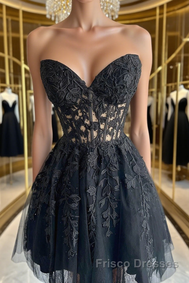 Strapless Short Black Lace Formal Prom Dresses, Short Black Lace Formal Homecoming Dresses Main image
