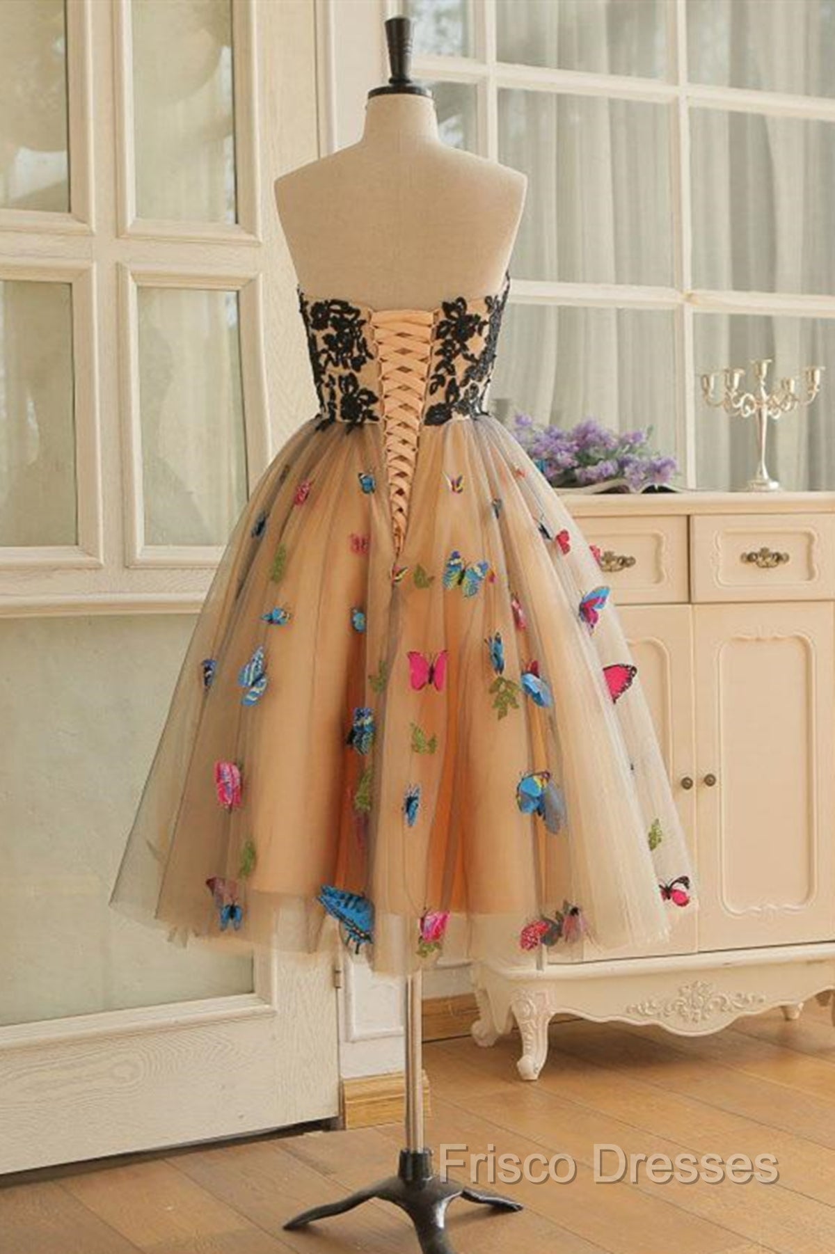 Strapless Short Champagne Floral Formal Prom Dress, 3D Floral Short Champagne Formal Graduation Dress