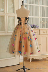 Strapless Short Champagne Floral Prom Dresses, 3D Floral Short Champagne Formal Graduation Dresses