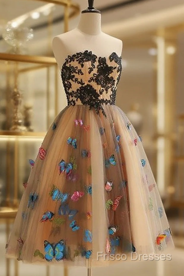 Strapless Short Champagne Floral Formal Prom Dress, 3D Floral Short Champagne Formal Graduation Dress
