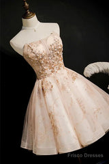 Strapless Short Champagne Party Dress Homecoming Dress With Sequins