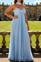 Strapless Sky Blue A Line Pleated Prom Dress with Halter Scarf