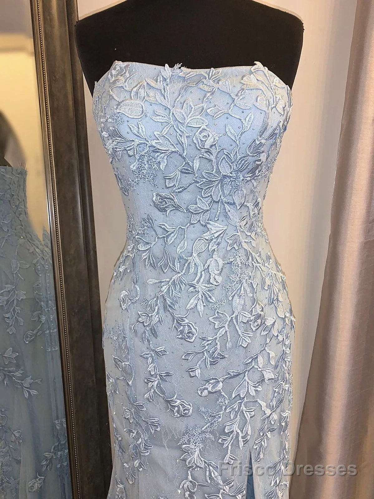 Strapless Sky Blue Lace Mermaid Long Prom Dresses, Blue Lace Mermaid Formal Graduation Dresses Secondary image
