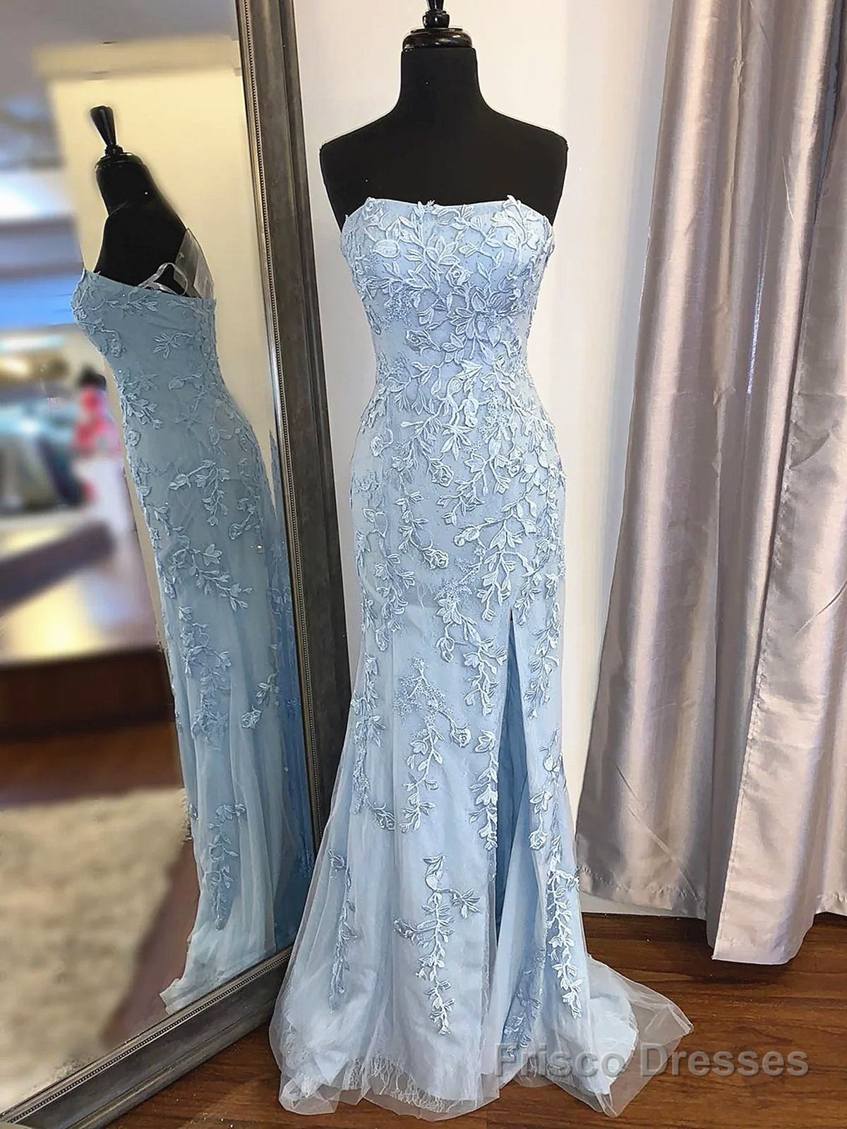 Strapless Sky Blue Lace Mermaid Long Prom Dresses, Blue Lace Mermaid Formal Graduation Dresses Main image