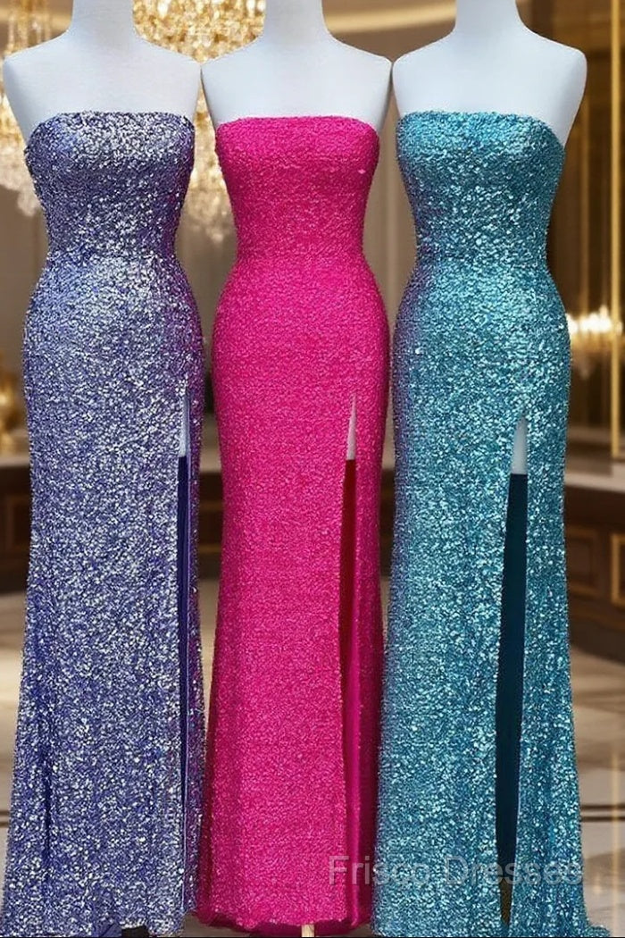 Strapless Sparkly Long Formal Prom Dress With Slit,Formal Dress,Charming Dance Dress